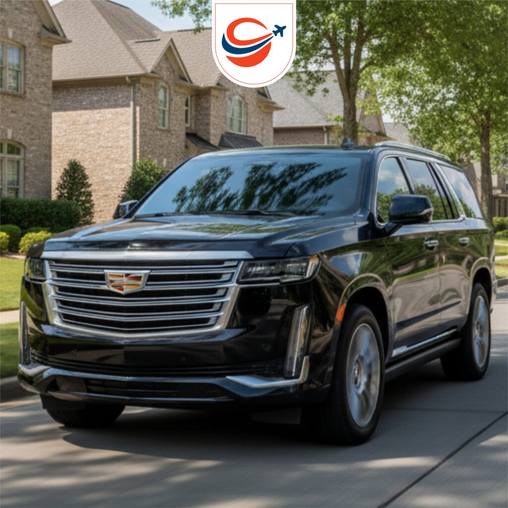 Luxury black SUV airport transportation by GA Konnect in a residential neighborhood